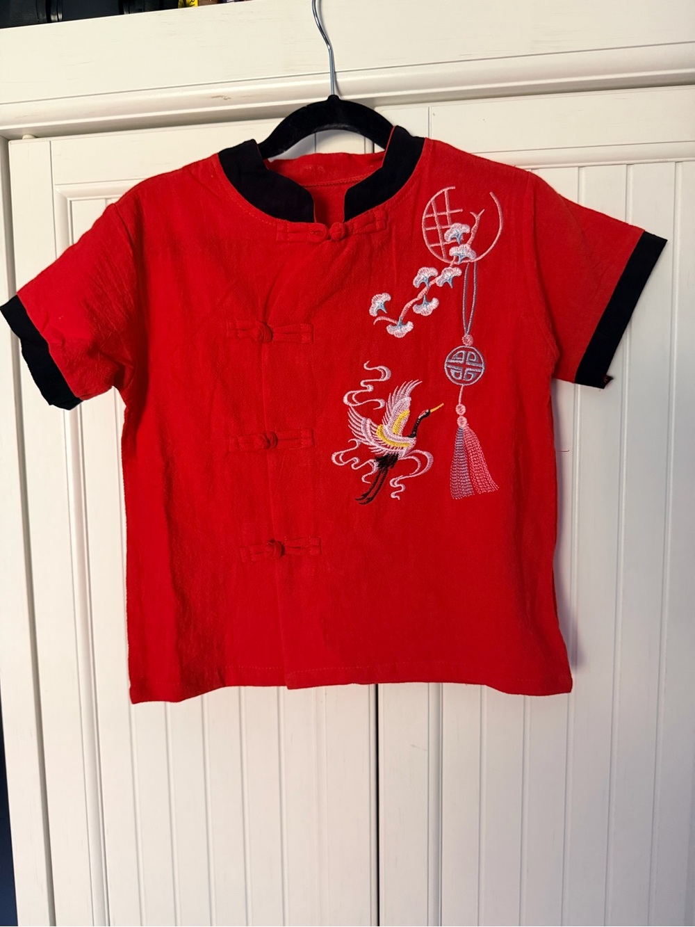 Kids Red Embroidered Mandarin Collar Top with Black Trim